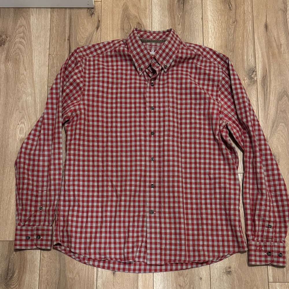 Cutter & Buck Red and Gray Checkered Casual Western Long Sleeve Button Down